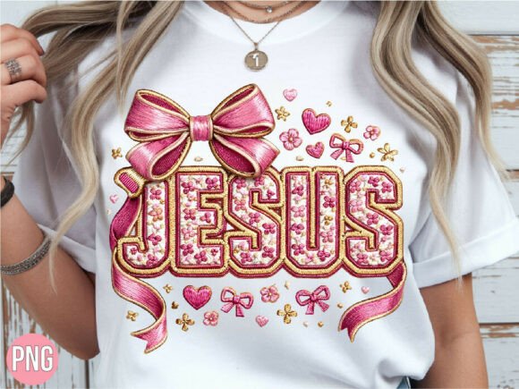 Jesu Embroidery Pink Flower Bow PNG
